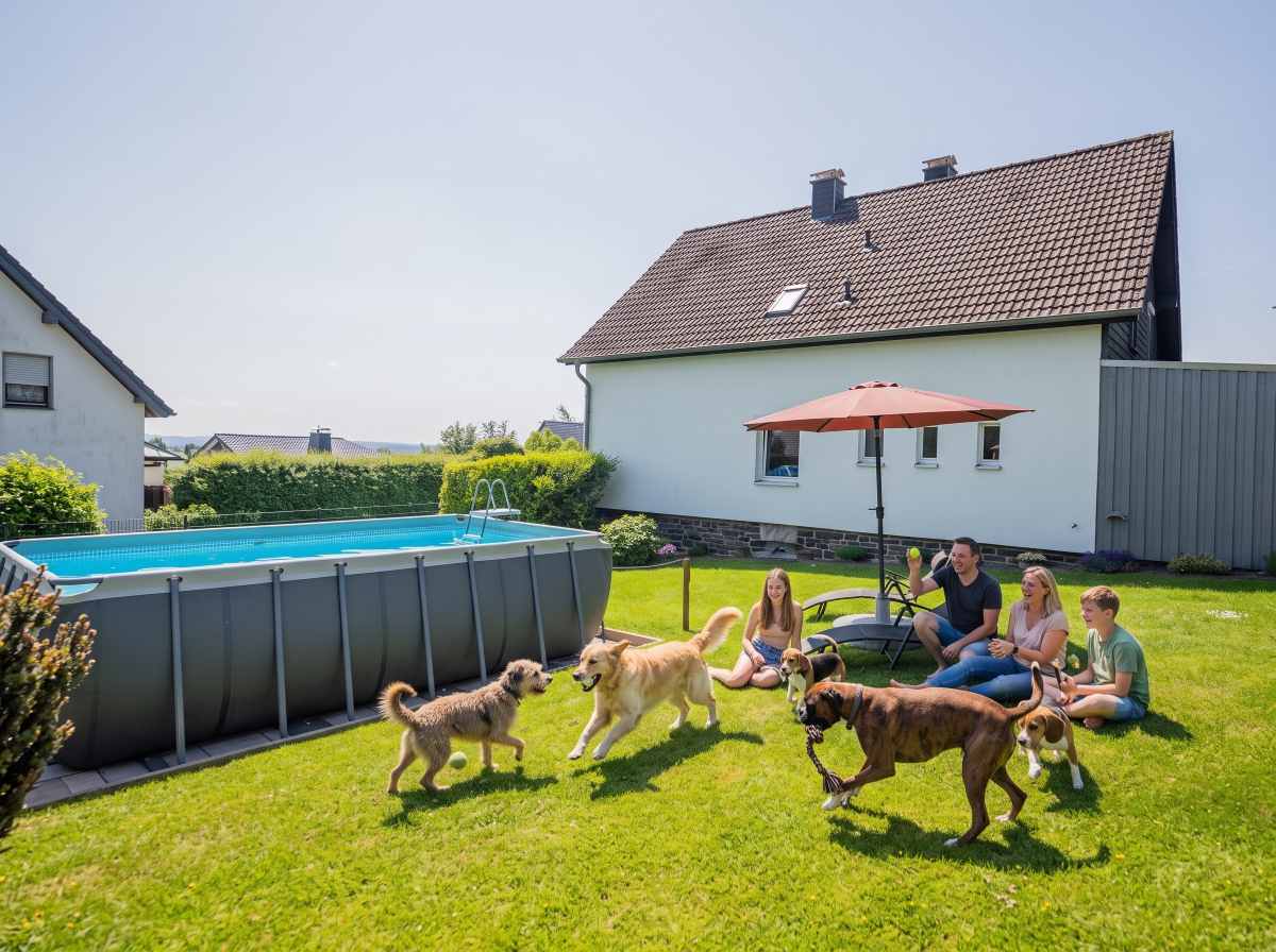 Familie mit Hunden im Garten am privaten Pool des Ferienhauses Tina in Mützenich