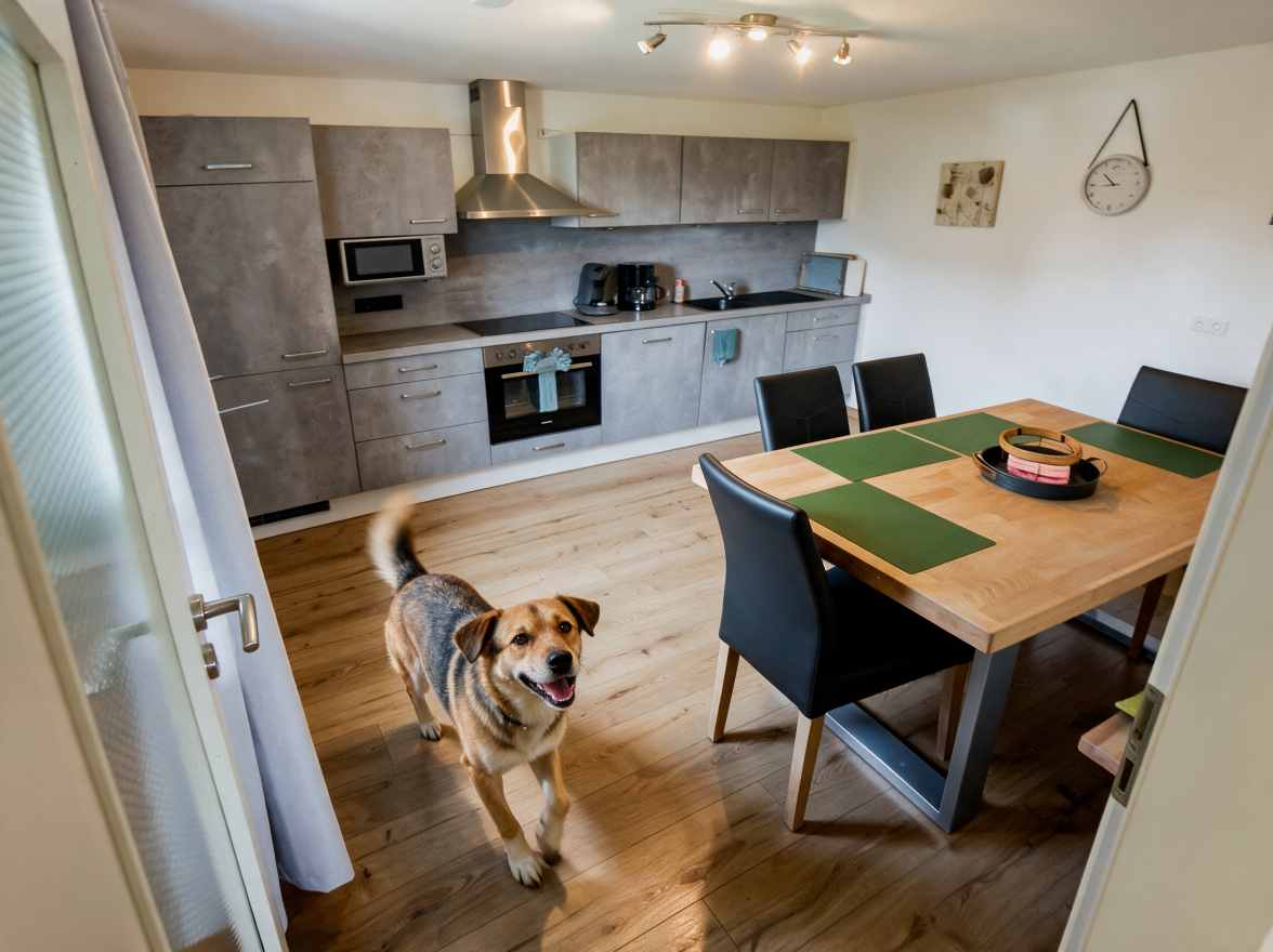 Hund im Ess- und Wohnbereich des Ferienhauses Tina – offen und einladend auch für Vierbeiner