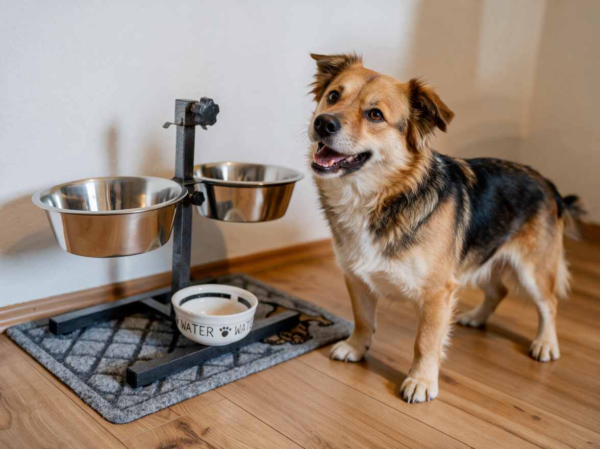 Hund an der Futterstation im Ferienhaus Tina – Wassernapf und Napfhalter bereitgestellt